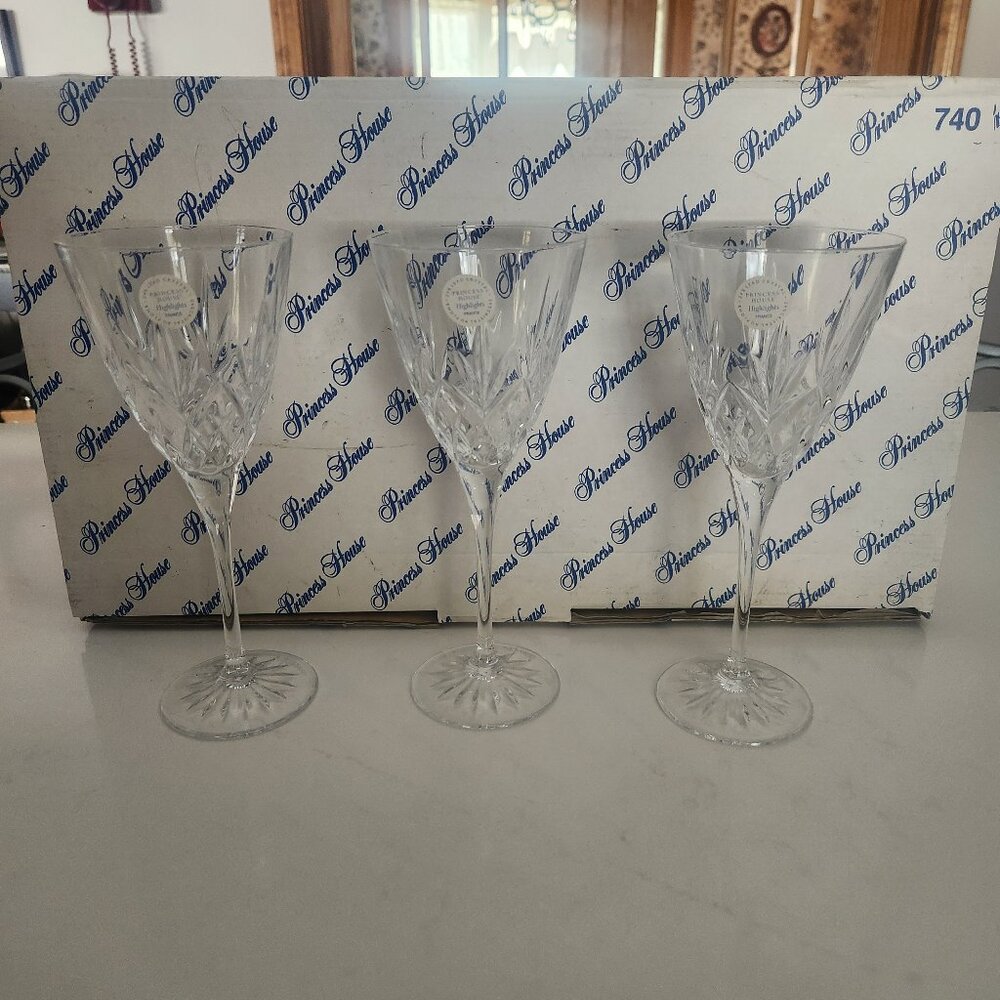 Princess House Highlights Lead Crystal Goblets Glasses 740 8 1/4" tall Set 3 NIB